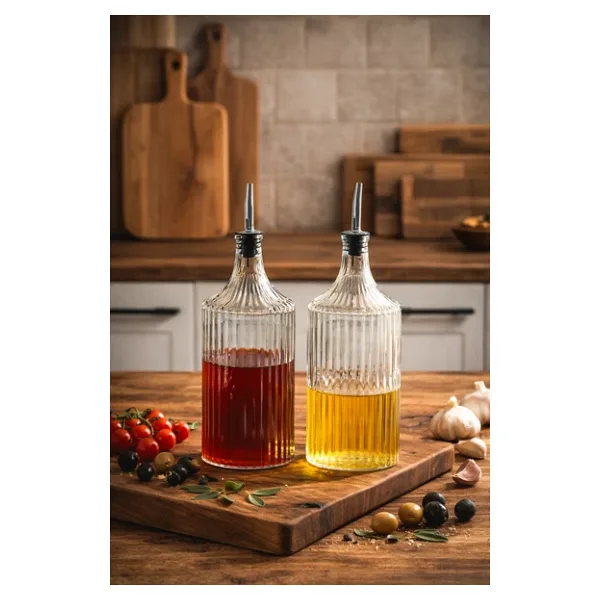Porsima Viking 18113 2li 1000 ml Cam Şişe Yağlık Sirkelik Çift Kapaklı Gümüş