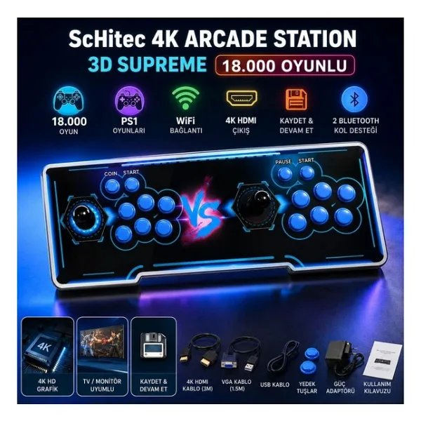 Schitec 4K Arcade Station 3D Supreme 18000 Oyunlu Tv Baglanan Atari Makinası