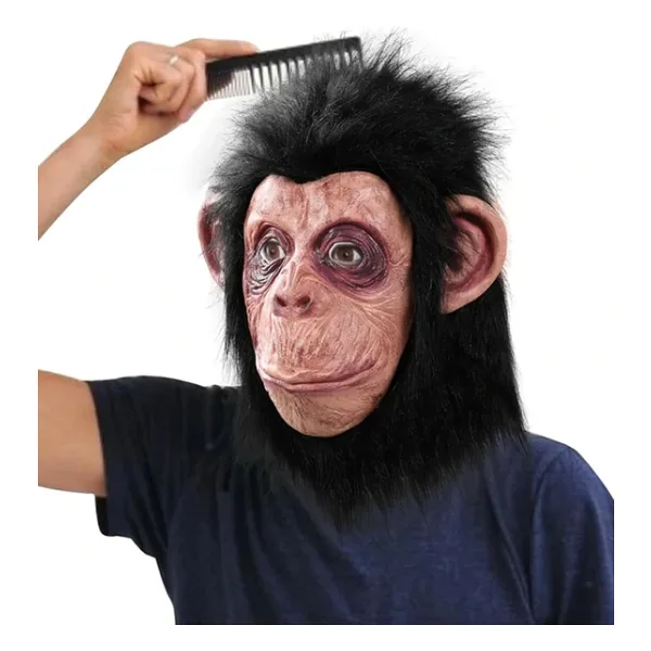 Siyah Sacli Kafaya Tam Gecmeli Lateks Sempanze Maskesi - Lateks Maymun Orangutan Goril Maske Et Maske