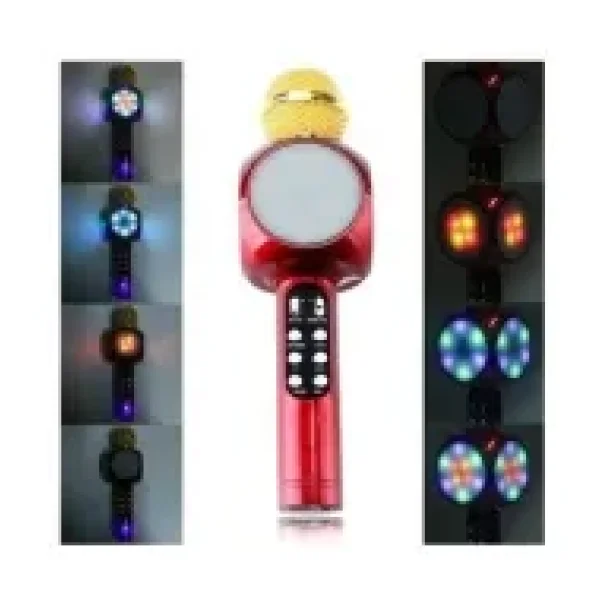 Tastech LED Işıklı Şarjlı Kablosuz Karaoke Mikrofon Bluetooth Hoparlör Ses Değiştirme Sd Kart USB Girişli - Kırmızı