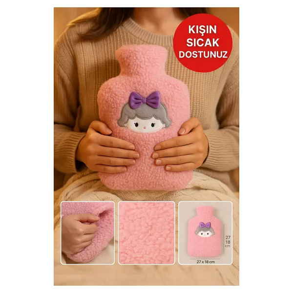 TOYFEST Pembe Peluş Sıcak Su Torbası - Yumuşak, Güvenli ve Şık Saçlı Kız Model, 1 Litre