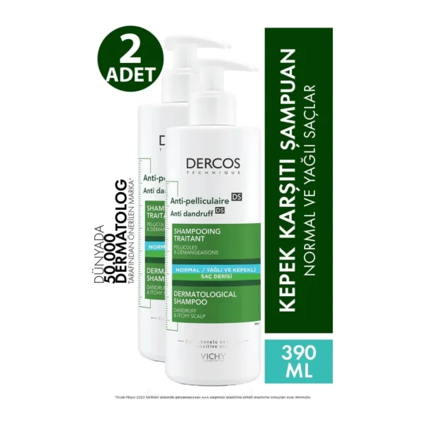 Vichy Dercos Anti-Dandruff Normal ve Yağlı Saçlar için 390 ml 2 Adet Kepek Şampuanı
