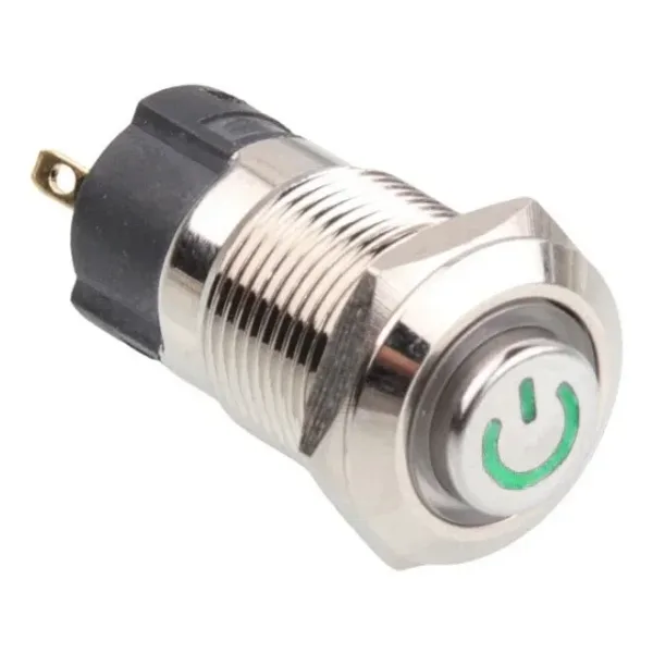 WD12A-G1-C 12mm Çıkık Yaylı Işıklı Power Metal Buton - Yeşil
