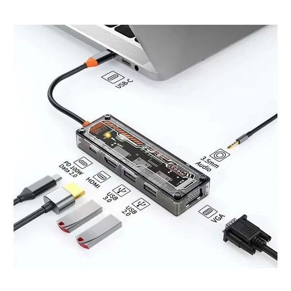 Ally 6in1 Type-C To Usb3.0 + Usb2.0 + Type-C Pd 100W + HDMI + VGA + 3.5mm Çoğaltıc Transparanı Hub