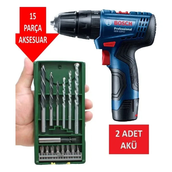 Bosch Darbeli Matkap Çift Akülü Şarjlı Matkap Akülü Vidalama + 15 Parça Matkap Ucu Vidalama Ucu