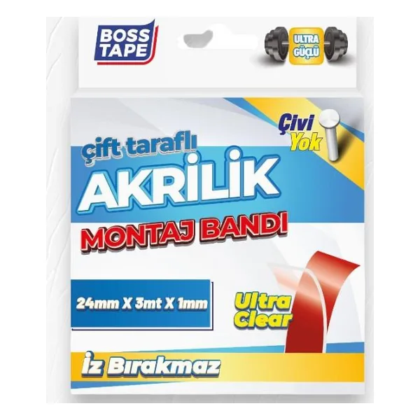 Boss Tape Çift Taraflı Akrilik Montaj Bandı- 18mmx3mt Şeffaf