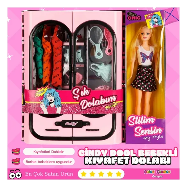 Cindy Doll Bebekli Aksesuarlı Gardırop Açık Pembe - Barbie Dolap - Barbie Giysi Dolabı - Barbie Gardırop - Gardrop