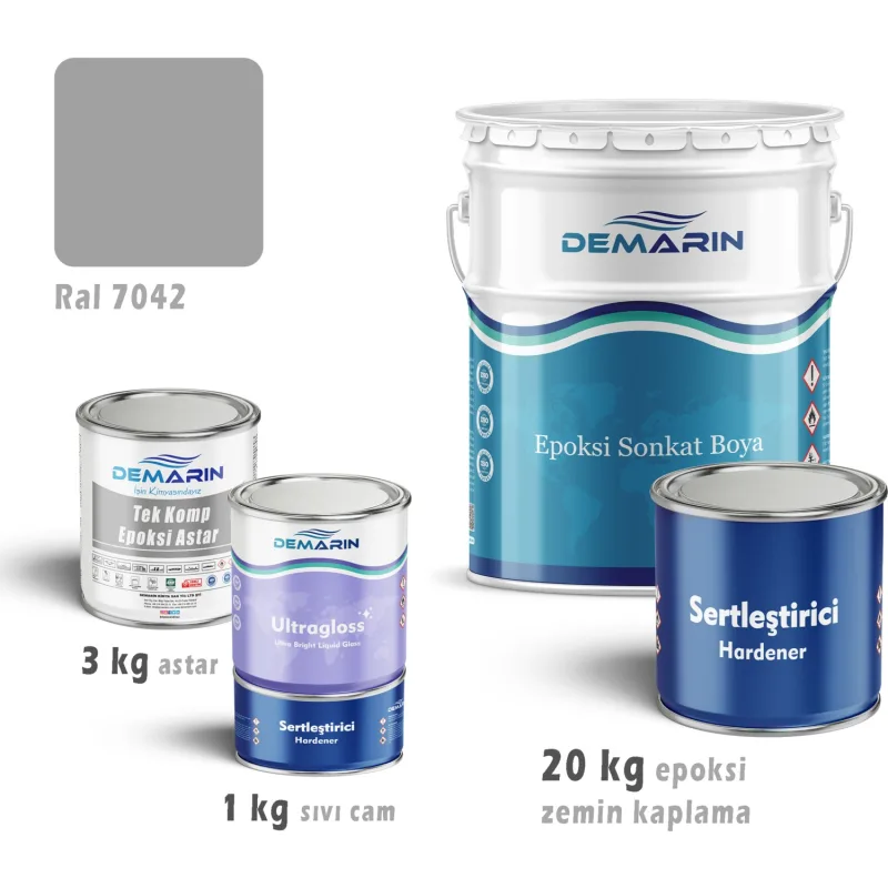 Demarin Epoksi Zemin Kaplama 20 kg Set (3 kg Astar +20 kg Epoksi Zemin Kaplama +1kg Sıvı Cam) - RAL 7042