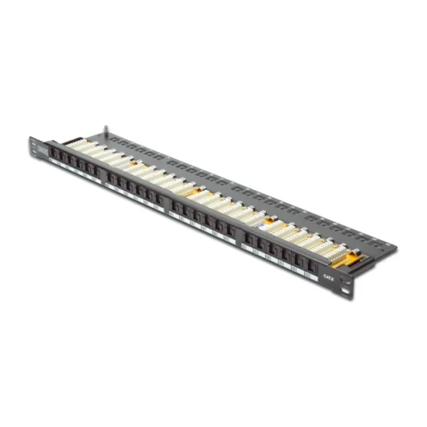 Digitus 19" 24 port Cat-6 UTP Patch Panel, 8P8C, LSA, 0,5U boyut, tozdan korumak için kapaklı, zırhsız, siyah renk