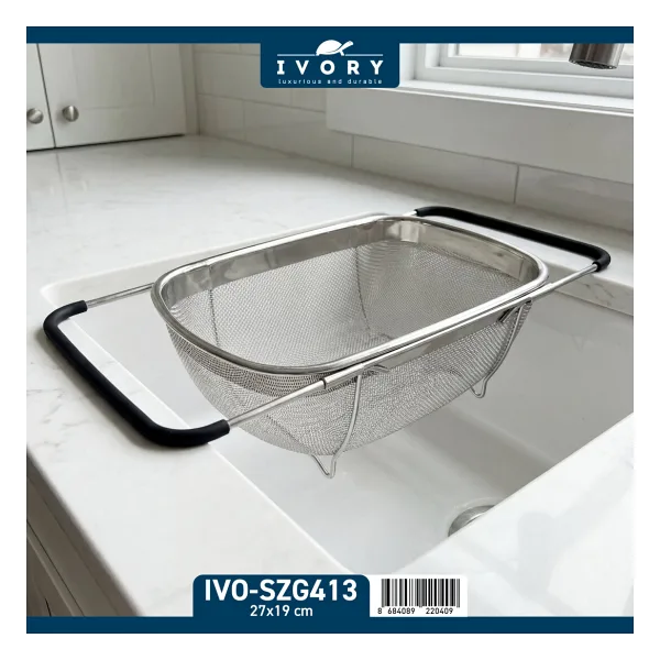 Ivory Evye Üstü Açılır Kapanır Kulplu Paslanmaz Çelik Süzgeç - 27X19 CM
