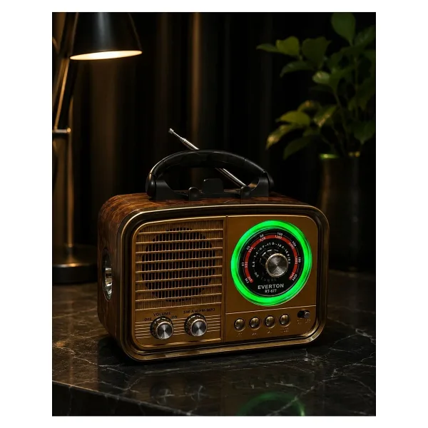 m memita Everton RT-677 Solar Şarjlı Nostaljik Radyo Bluetooth Hoparlör USB TF Kart RGB Işıklı