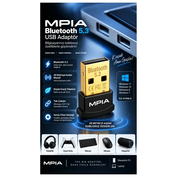 MPIA Bluetooth 5.3 Usb Dongle - Kablosuz Adaptör, Pc & Laptop Için Bluetooth Alıcı