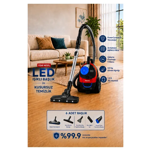Philips Yeni Nesil Led Işıklı Başlık İle Kusursuz Temizlik 4000 serisi Toz Torbasız Süpürge