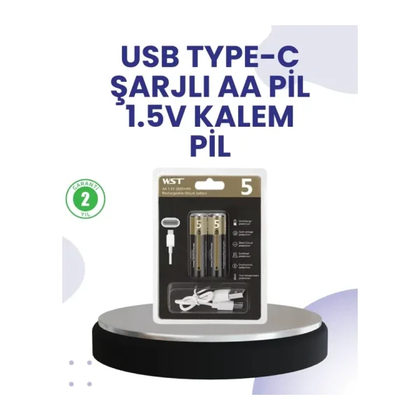 Type-C USB ile Hızlı Şarj Edilebilir Aa Kalem Pil 1.5V Lityum Çiftli Paket