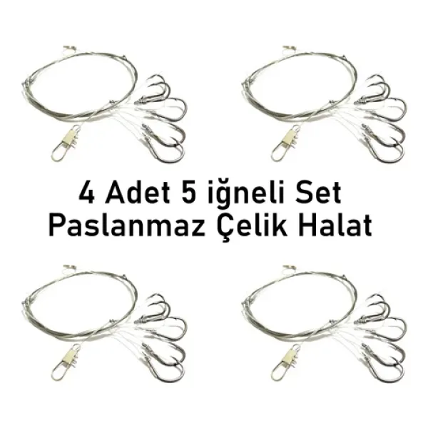 Valkyrie 5 İğneli Paslanmaz Çelik Halatlı Dip Hırsız Olta Takımı 4'Lü Set 10# Karbon Çelik İğne