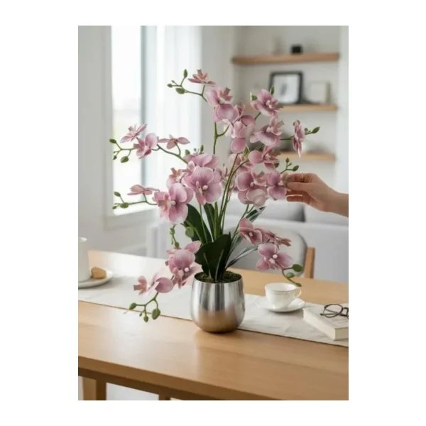 Yapay Çiçek Pudra 9 Dallı Islak Orkide Gümüş Metal Saksıda Saksıda Orkide 60Cm