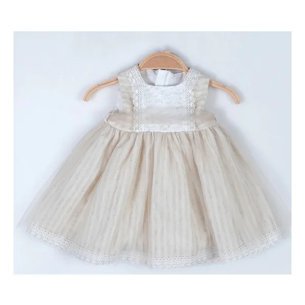 Yazlık Robası Dantel Detaylı Sıfır Kollu Bebe Kız Abiye Elbise - Bej