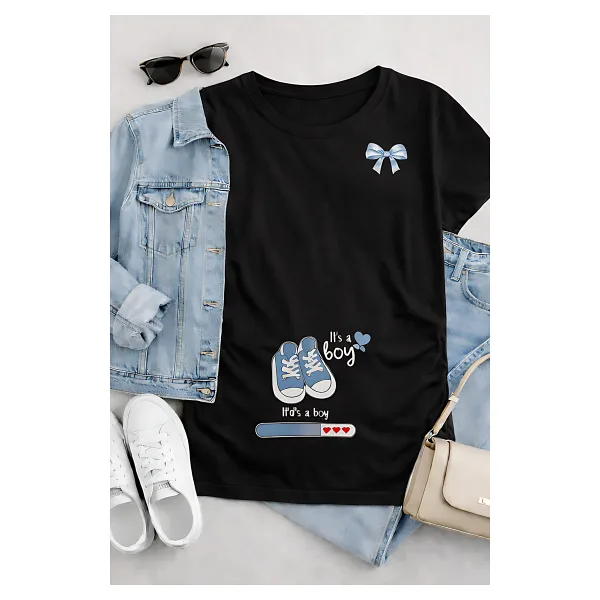 ArtYus It's a Boy Baskılı Hamile Tişörtü Oversize Pamuklu Rahat Kesim Anne T-Shirt