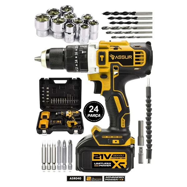 Assur Plus 21V Metal Şanzıman Çift Akülü Şarjlı Darbeli Matkap