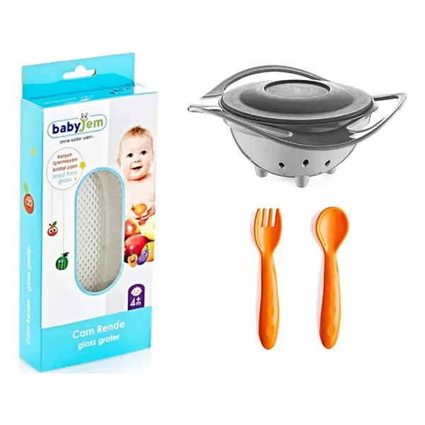 Babyjem Cam Rende + Dökülmeyen Tabak Gri + Mama Kaşık Çatal Takımı Sarı