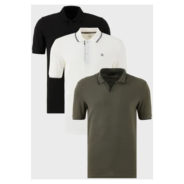 Buratti Pamuklu Regular Fit 3'Lü Paket Erkek Polo Yaka T Shirt 59029641827S3 Haki-Siyah-Beyaz