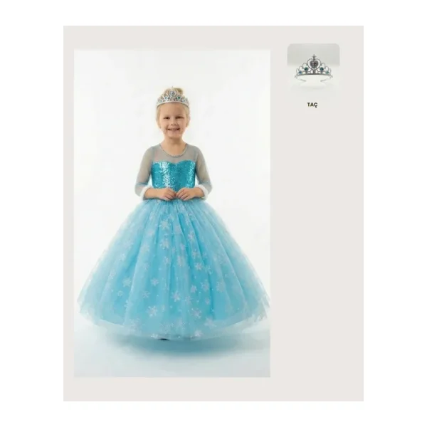 Frozen Elsa Kostümü Uzun Kollu Kız Çocuk Prenses Elbisesi + Taç