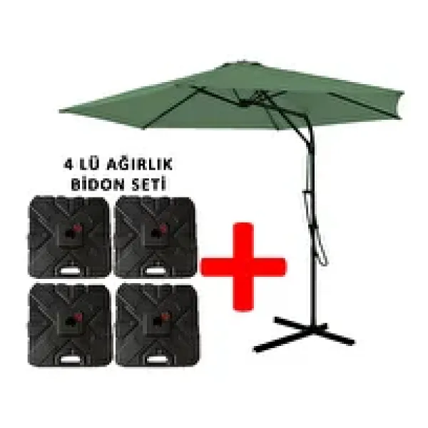 Gunbo Home 3 Mt Şemsiye + 4 Lü Ağırlık Seti Havuz Şemsiyesi Bidonlu, Bahçe Şemsiyesi, Teras Şemsiyesi Set Koyu Yeşil