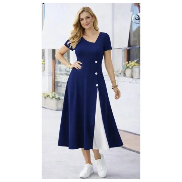 Kokosh moda Kadın Asimetrik Yakalı Düğmeli Kısa Kollu Viskon Elbise