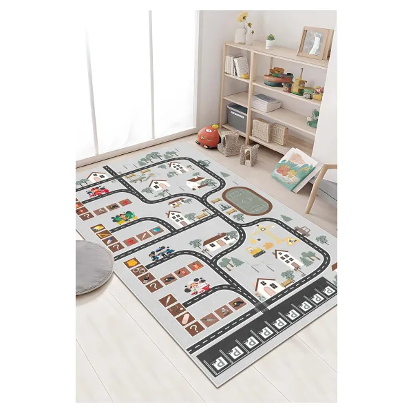 Makinede Yıkanabilir Kaymaz Taban Leke Tutmaz Yol Desenli Çocuk Odası Halısı Oyun Halısı - Gri - 180 x 300 cm