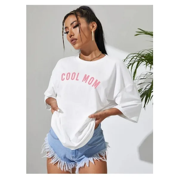 MARECASH Kadın Pembe Cool Mom (BEYAZ BASKILI) Hamile Tişört %100 Pamuk