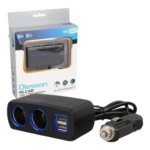 Olesson 1638 12-24V Çift Usb Girişli 120W 80 Cm Kablolu 2'Lı Araç Çakmak Çoklayıcı