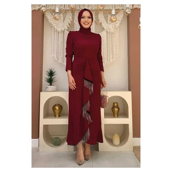 Ön Zincir Püskül Detay Balık Model Abiye Elbise 3810 Bordo