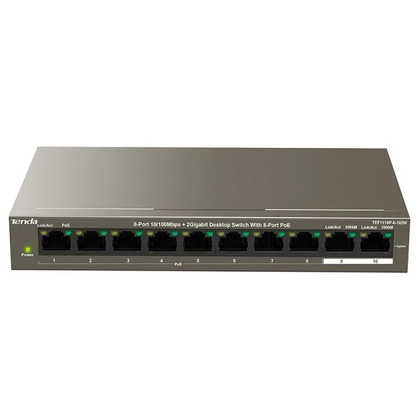 TENDA TEF1110P-8-102W 10 PORT 10/100 8 PORT POE 2 PORT GIGABIT UPLINK 102W YONETILEMEZ DESKTOP SWITCH