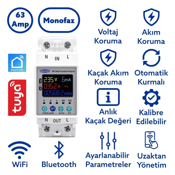 Tomzn Kaçak Akım Koruma Rölesi Yüksek Voltaj ve Akım Koruyucu Röle 63A Wifi TOMPD-63SW