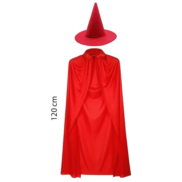 Yetişkin Boy 120 cm Kırmızı Yakalı Pelerin ve Kırmızı Cadı Şapkası