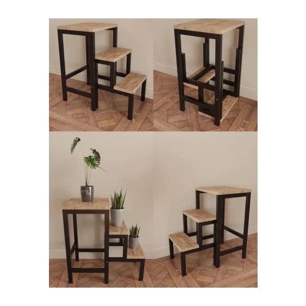 Yüceer Home Katlanabillir Puf Bench Metal Ahşap Basamaklı Tabure Merdiven Çiçeklik Çok Amaçlı Tabure