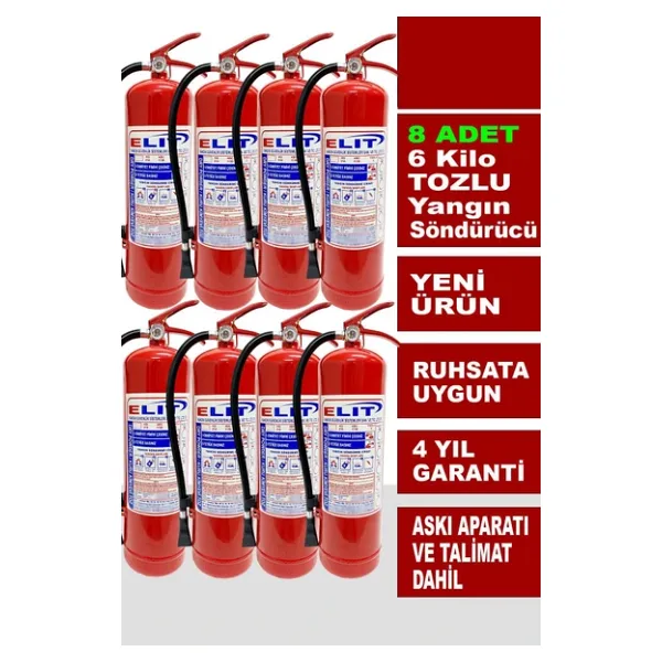 6 Kg Tozlu Yangın Söndürme Tüpü Askı Aparatı + Talimat Dahil Ruhsata Uygun 8'li Paket