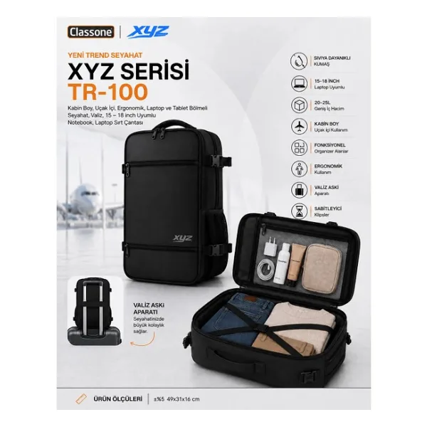 Classone XYZ Serisi TR-100 Kabin Boy ,Uçak İçi , Ergonomik, Laptop ve Tablet Bölmeli, Seyahat, Laptop Çantası, 15.6, 16, 17, 18 inch Uyumlu Notebook, Laptop Sırt Çantası