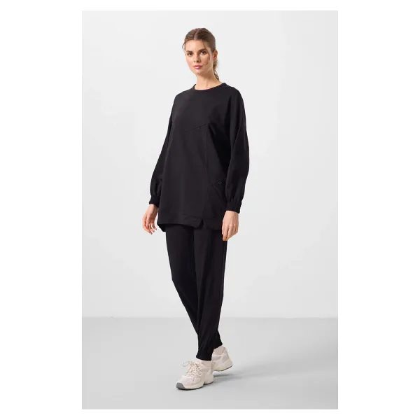 Ekru O Yaka Basic Oversize Kadın Eşofman Tunik Takım - 95347