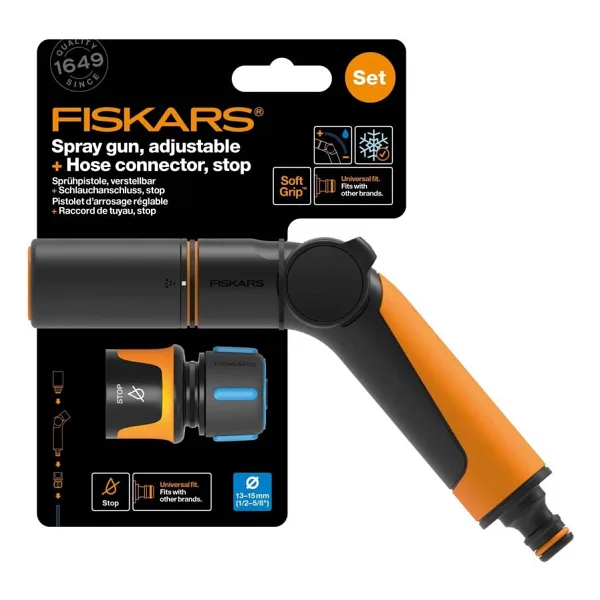 Fiskars 1065493 Ayarlanabilir Sulama Tabancası + 13mm Stoplu Hortum Bağlantısı