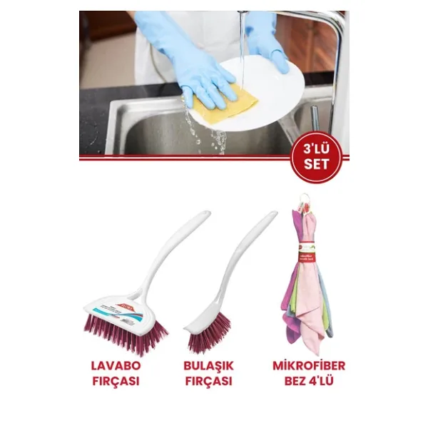 Flora 3 Lü Temizlik Seti, F367 Bulaşık Fırçası + F388 Lavabo Küvet Fırçası + F222 Mikrofiber Bez Seti