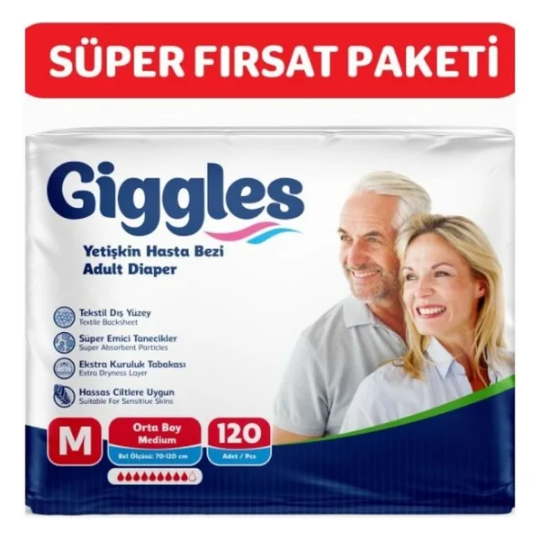 Giggles Medium 120 Adet Yetişkin Hasta Bezi Konforlu Kullanım için Hassas Ciltlere Uygun