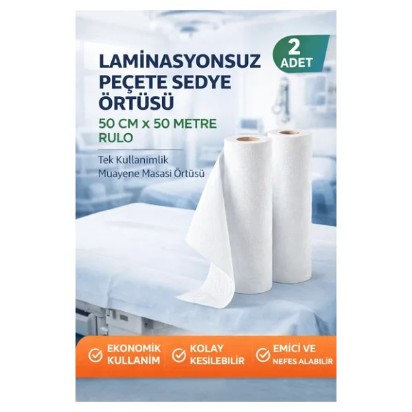 Laminasyonsuz Peçete Sedye Örtüsü 50 Cm X 50 Metre Rulo Tek Kullanımlık Muayene Masası Örtüsü 2 Adet