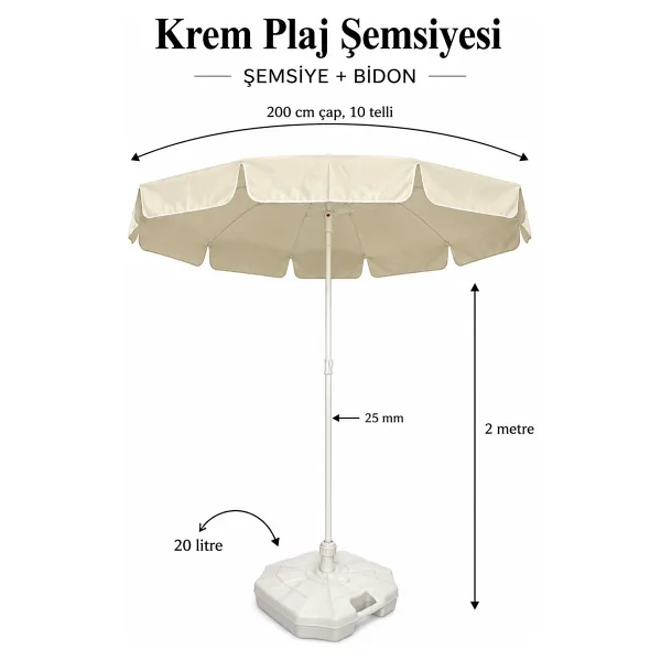 Rosie Eğim Verilir Şemsiye, Krem Plaj ve Bahçe Şemsiyesi 200 cm çap ve 10 telli, BİDON DAHİL