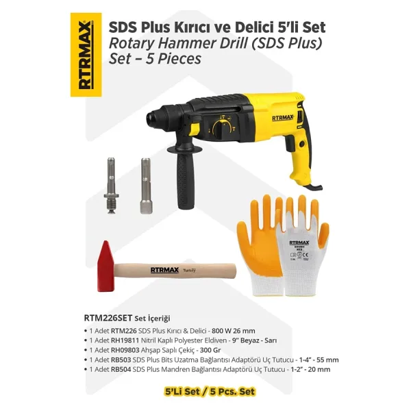 RTRMAX RTM226SET Sds Plus Kırıcı ve Delici 5'li Set - Eldiven-Çekiç-Uç Tutucu