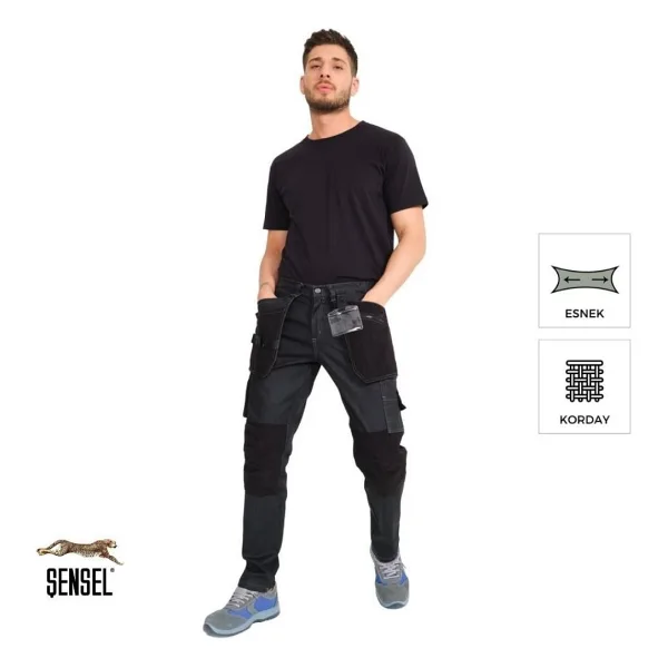 Şensel, Çok Cepli Kot İş Pantolonu, Gri-Siyah (54E6037) Esnek