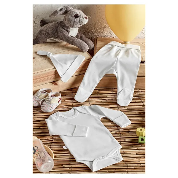 Tiny Lamb Tinylamb Snow Star Organik Pamuk Penye Yeni Doğan Mini Set - Patikli Pijamalı - 3 Parça - 0 - 3 Ay - Beyaz