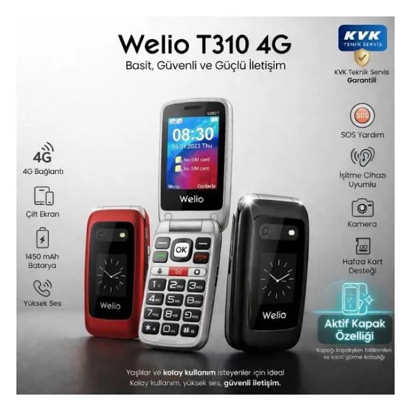 Welio Wkey T310 4g Tuşlu Kapaklı Cep Telefonu Kameralı Asker Telefonu Yaşlı Cep Telefonu (Kvk Garantili) - Kırmızı