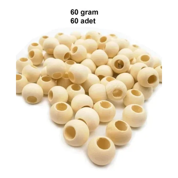 60 Gr (60 Adet) Ahşap Boncuk 15 mm çap x 10 mm Delik Doğal Yuvarlak Ahşap Makrome El İşi Çanta