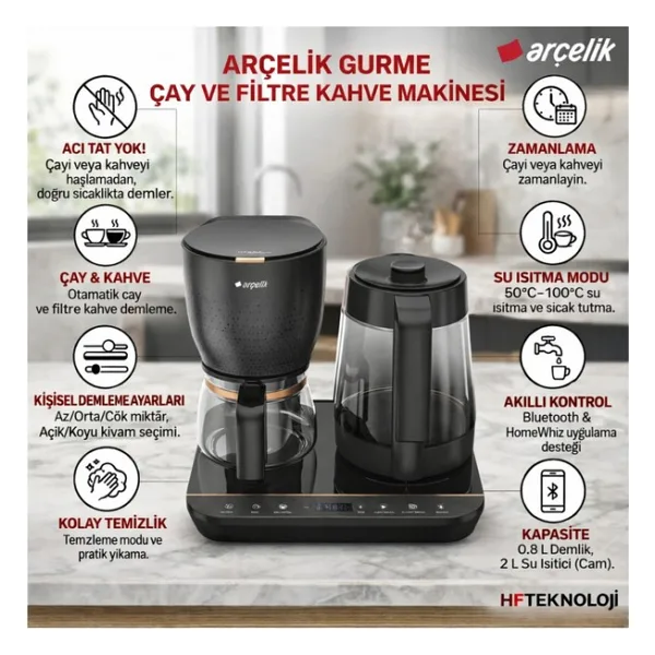 Arçelik Gurme Otomatik Çay & Filtre Kahve Makinesi + Dijital Mutfak Tartısı Hediye - Siyah